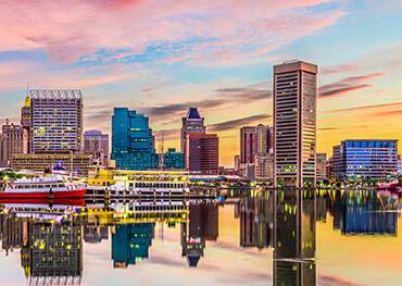A panoramic view of Baltimore at sunset