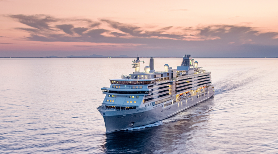 Silversea cruise ship at sunset.