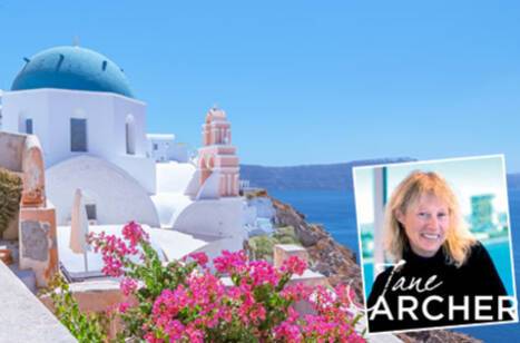 Panoramic image of Santorini, Greece and photo of Jane Archer