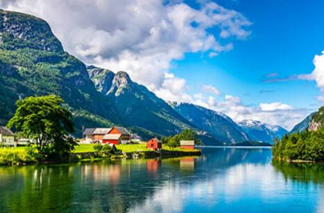 A little red hut on a Norwegian fjord
