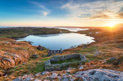 Panoramic image of sunset over Scotland