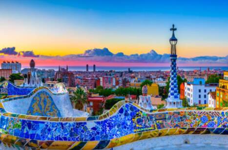 Panoramic image of Barcelona skyline at sunrise