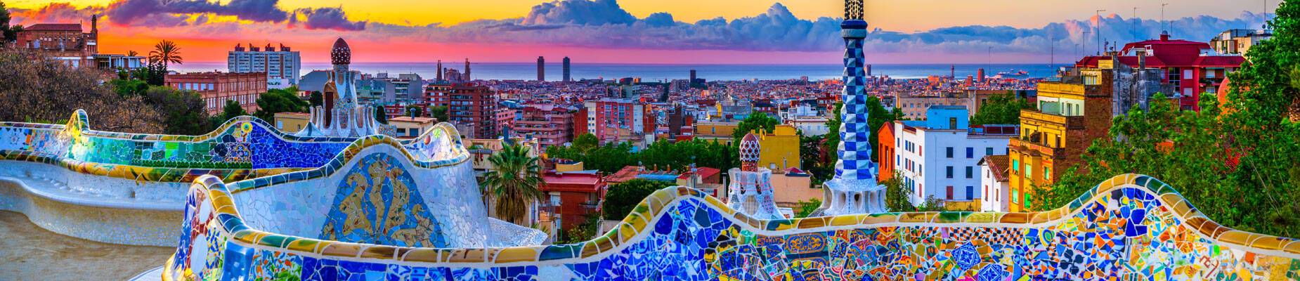 Panoramic image of Barcelona skyline at sunset