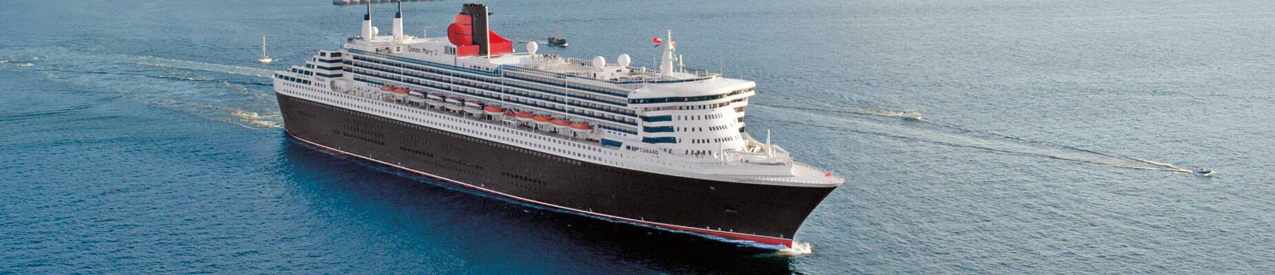 A panoramic image of Cunard's Queen Mary 2 at sea