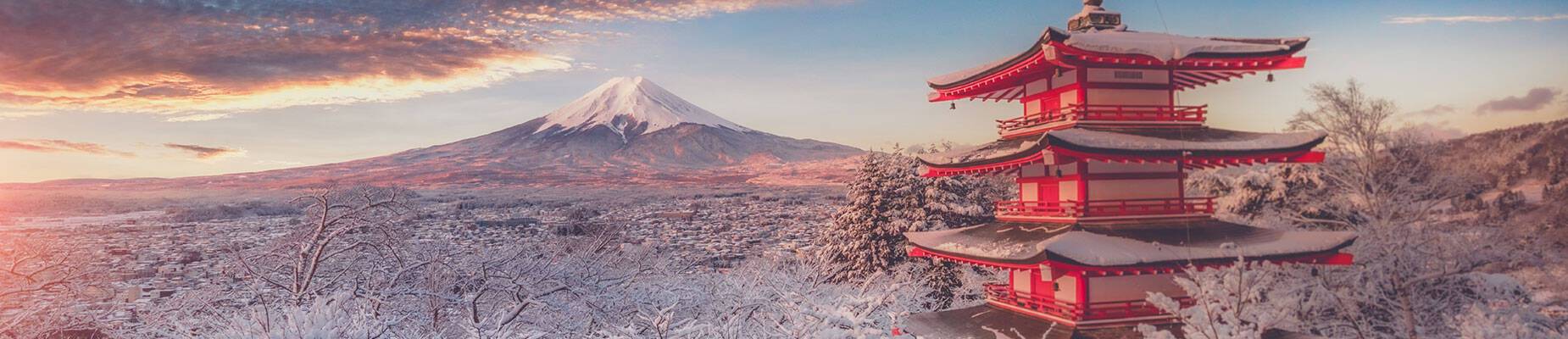 A panoramic view of Mount Fuji and Chureito Pagoda