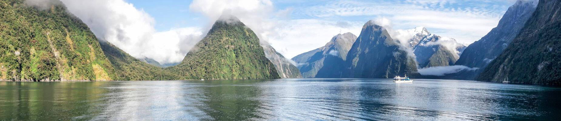 Panoramic image of Milford Sound in New Zealand and image of Jane Archer