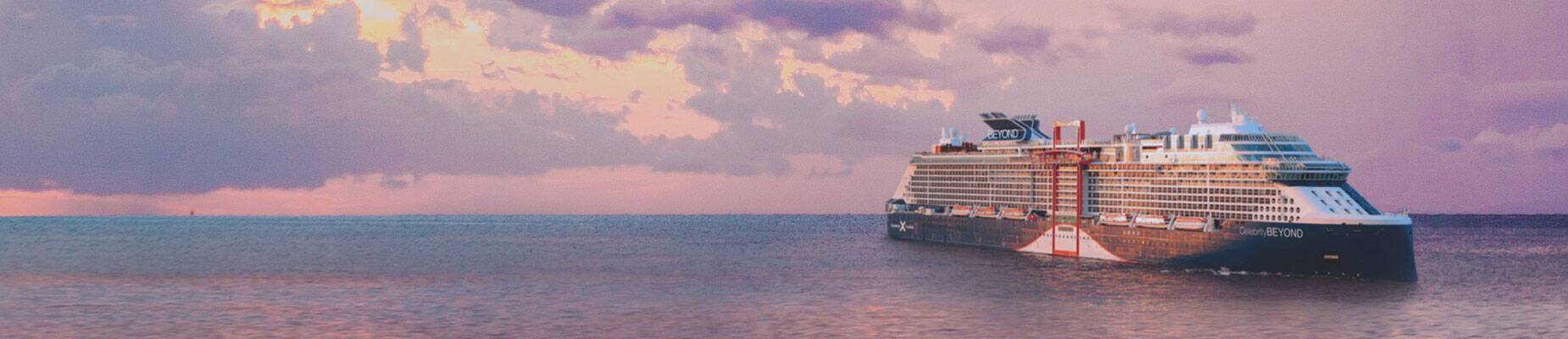 Celebrity Beyond at sea during sunset