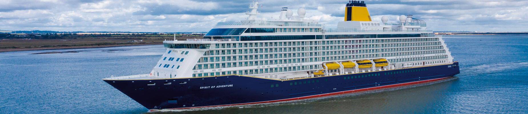 A panoramic image of Spirit of Adventure, Saga Ocean Cruises, at sea
