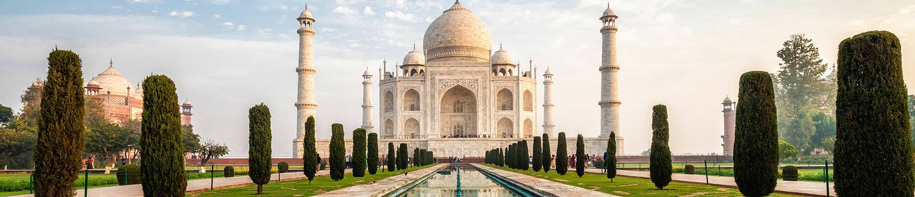 The Taj Mahal surrounded by blue skies