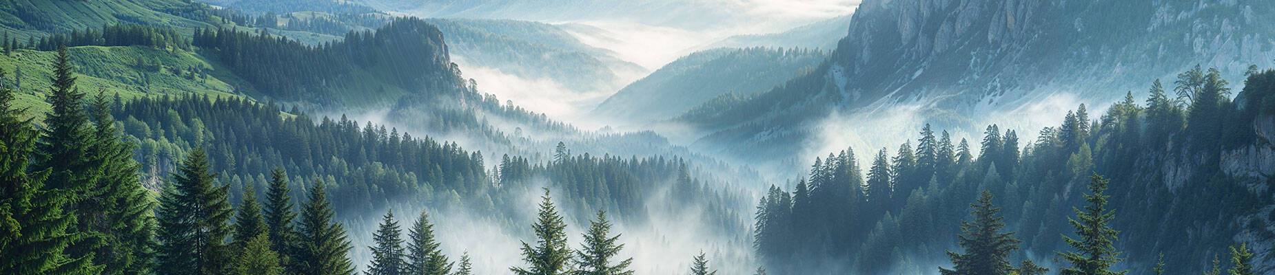 A panoramic view of a misty Alaska