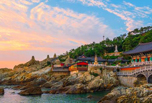 Dawn, view of Busan city at Haedong Yonggungsa Temple in Busan, South Korea.