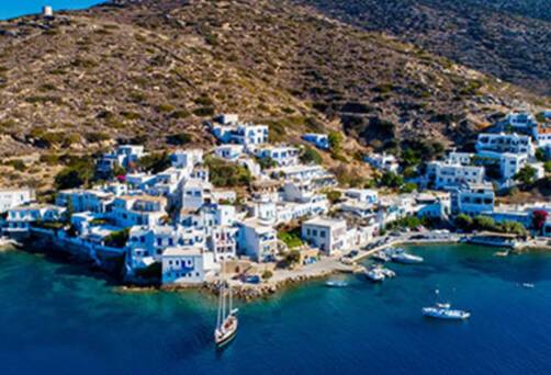 An aerial view of Katapola village on Amorgos Island