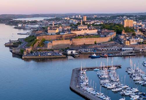 A panoramic aerial shot of Plymouth