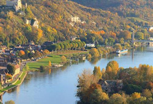 A panoramic view of Les Andelys from the Seine River