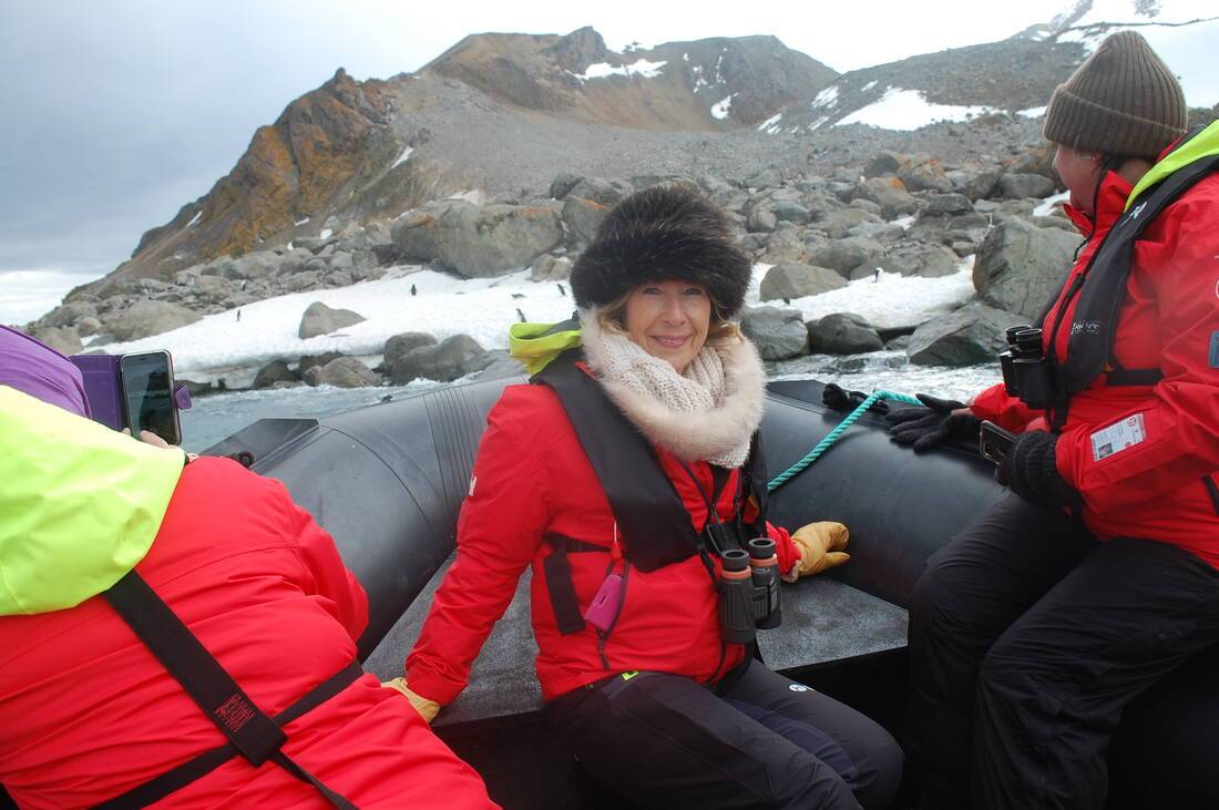 Jennie Bond on a Zodiac in Antartica