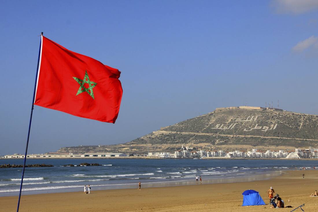 Agadir Beach and Moroccan flag