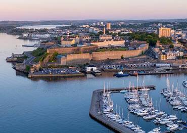 A panoramic aerial shot of Plymouth