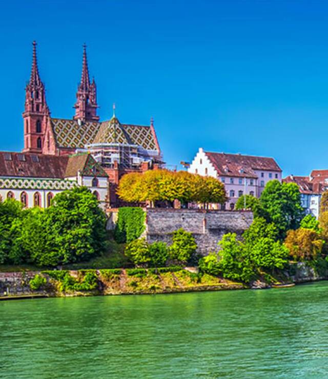 A panoramic view of Basel from the Rhine River