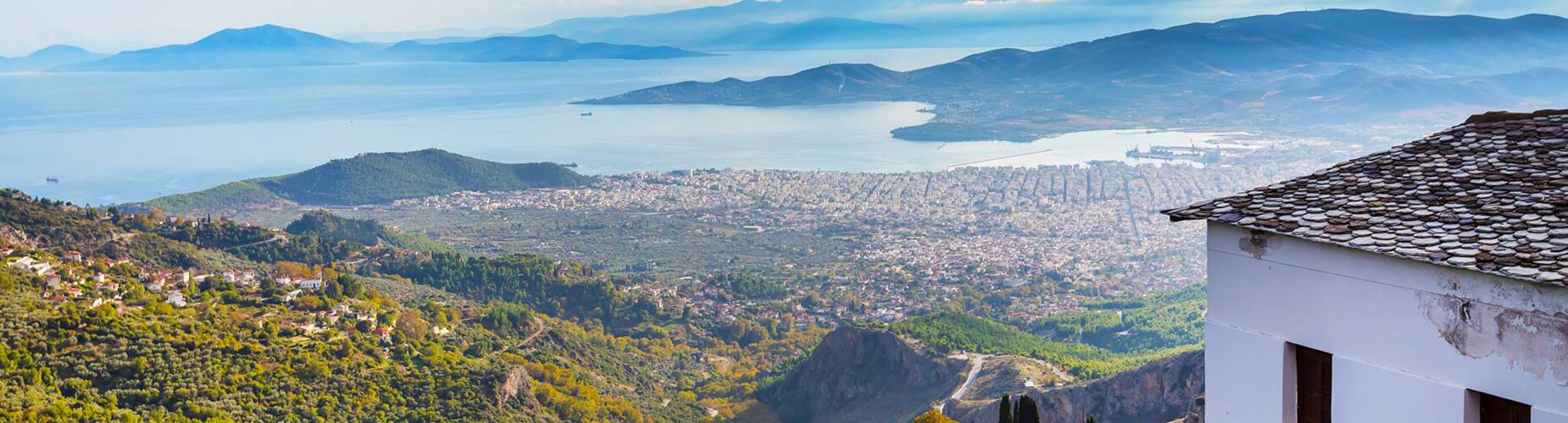 A panoramic aerial view of Volos