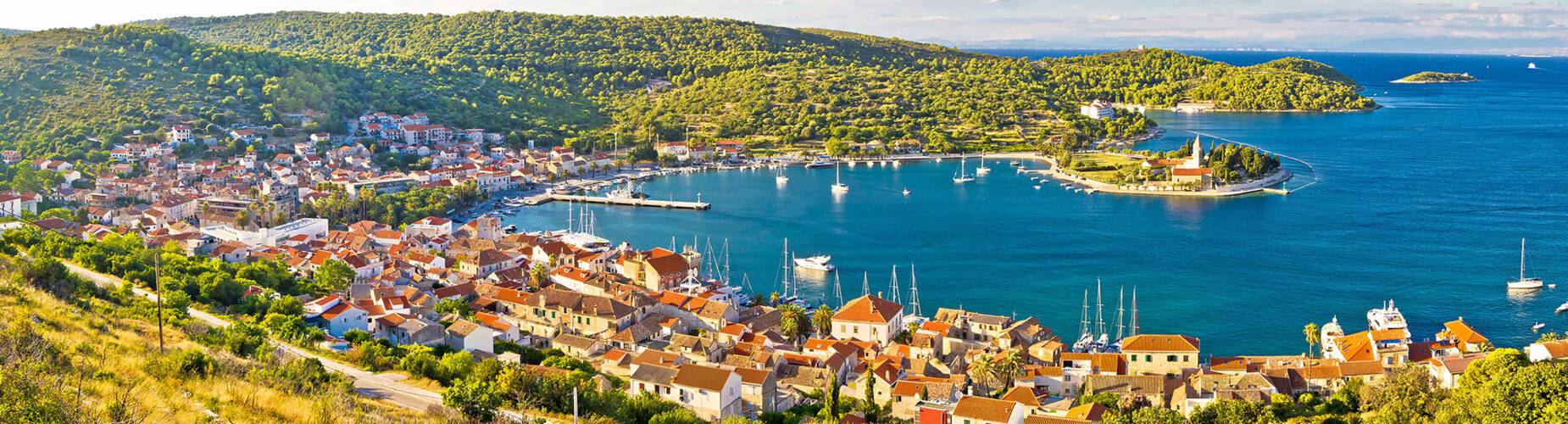 A panoramic aerial view of Vis