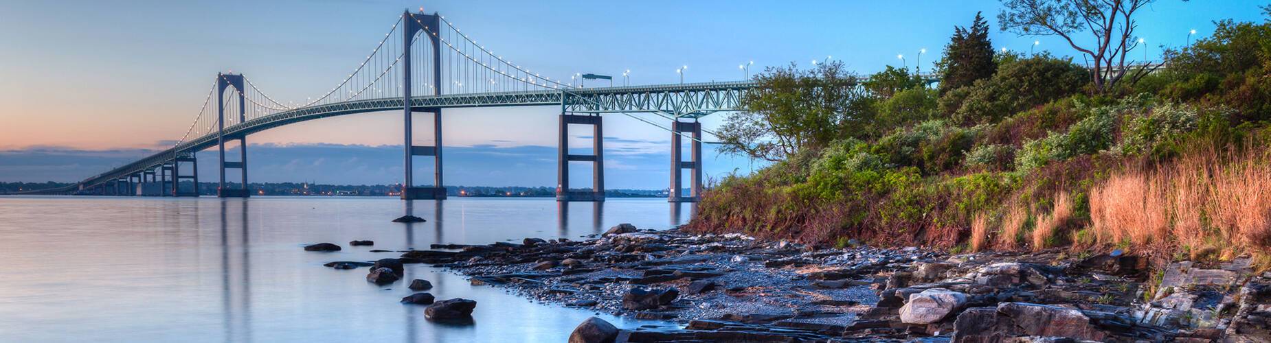 A panoramic view of Newport bridge at dusk