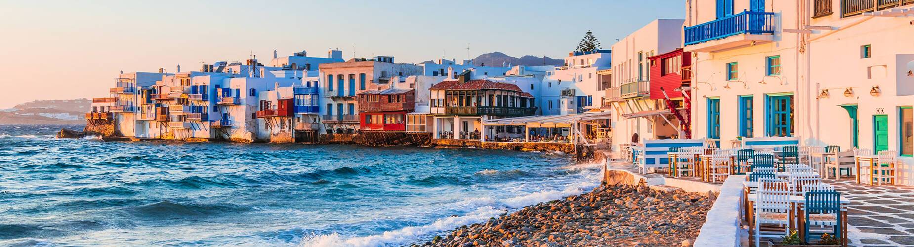 A panoramic view of Mykonos at sunset