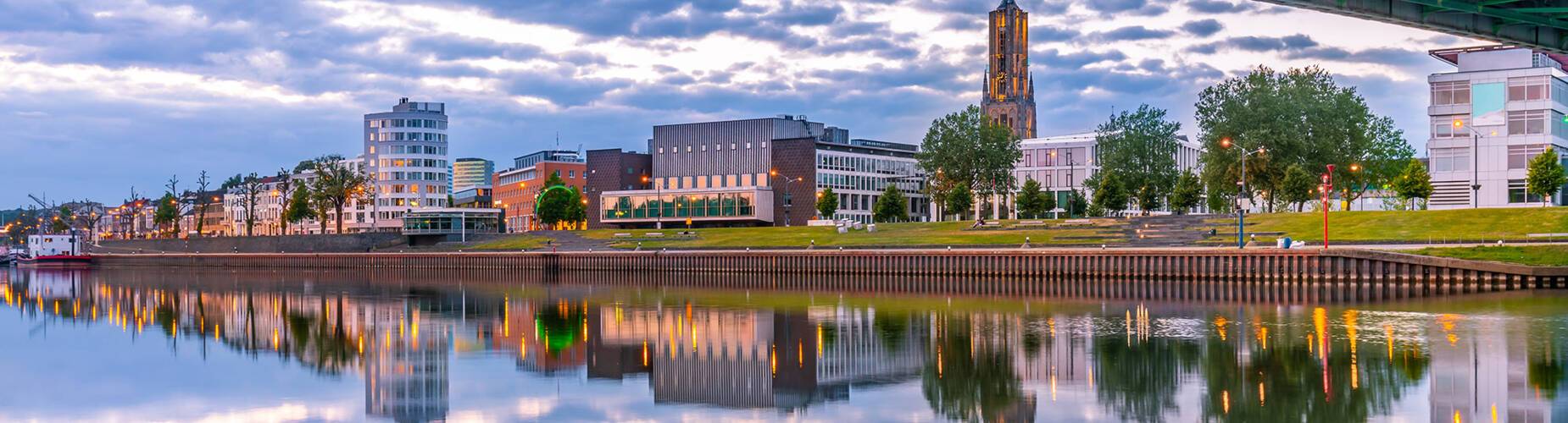 Arnhem's cityscape reflected in the Rhine River