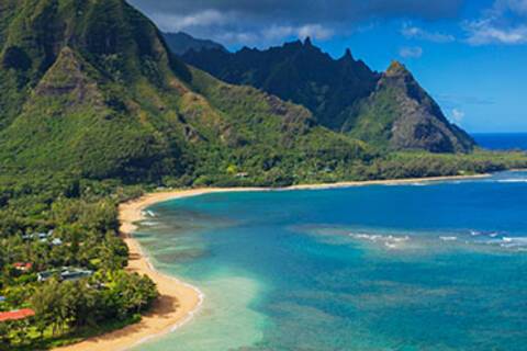 Aerial view by drone of tunnels beach, haena state park, kauai island, hawaii, united states of america, north america